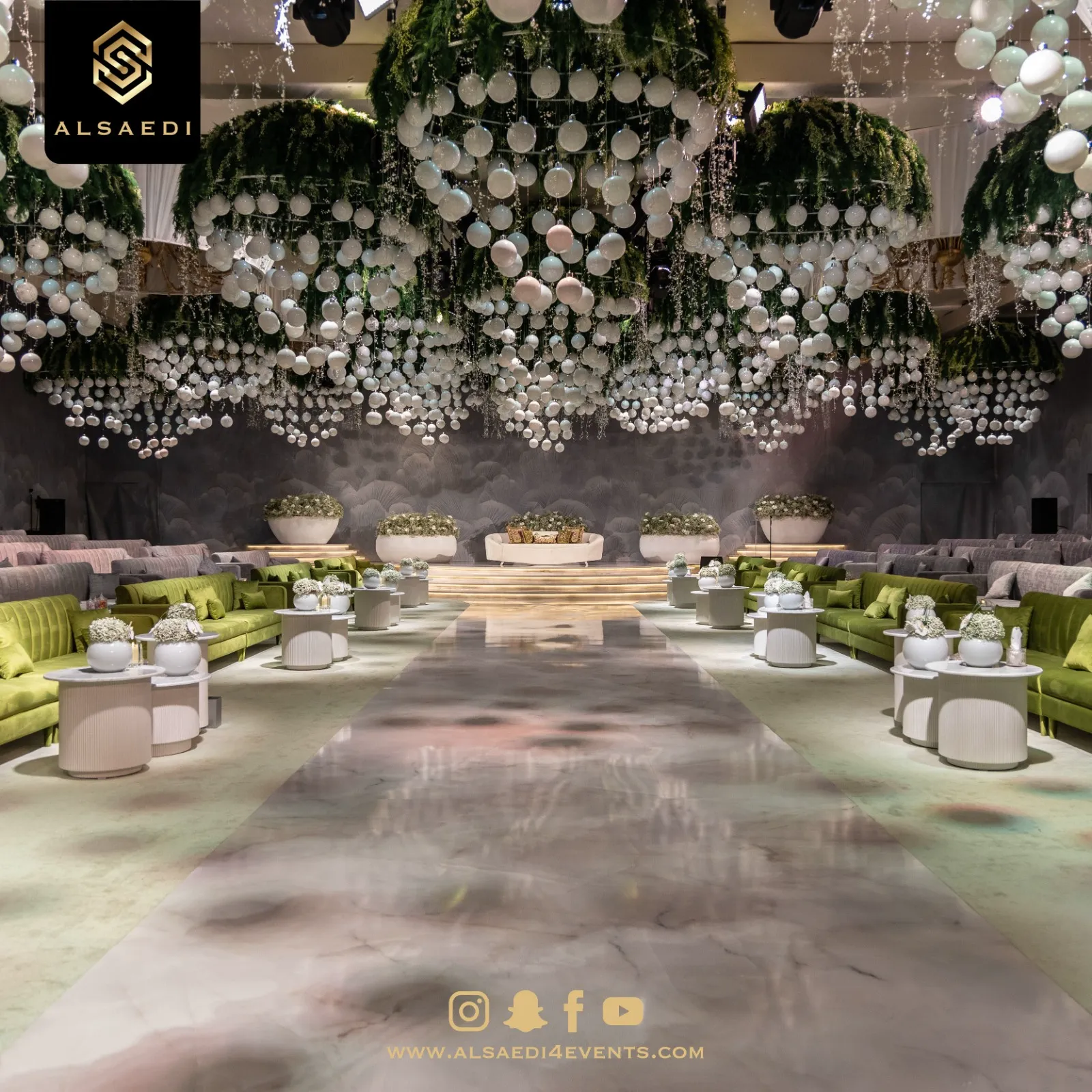 Garden wedding with suspended white floral ceiling