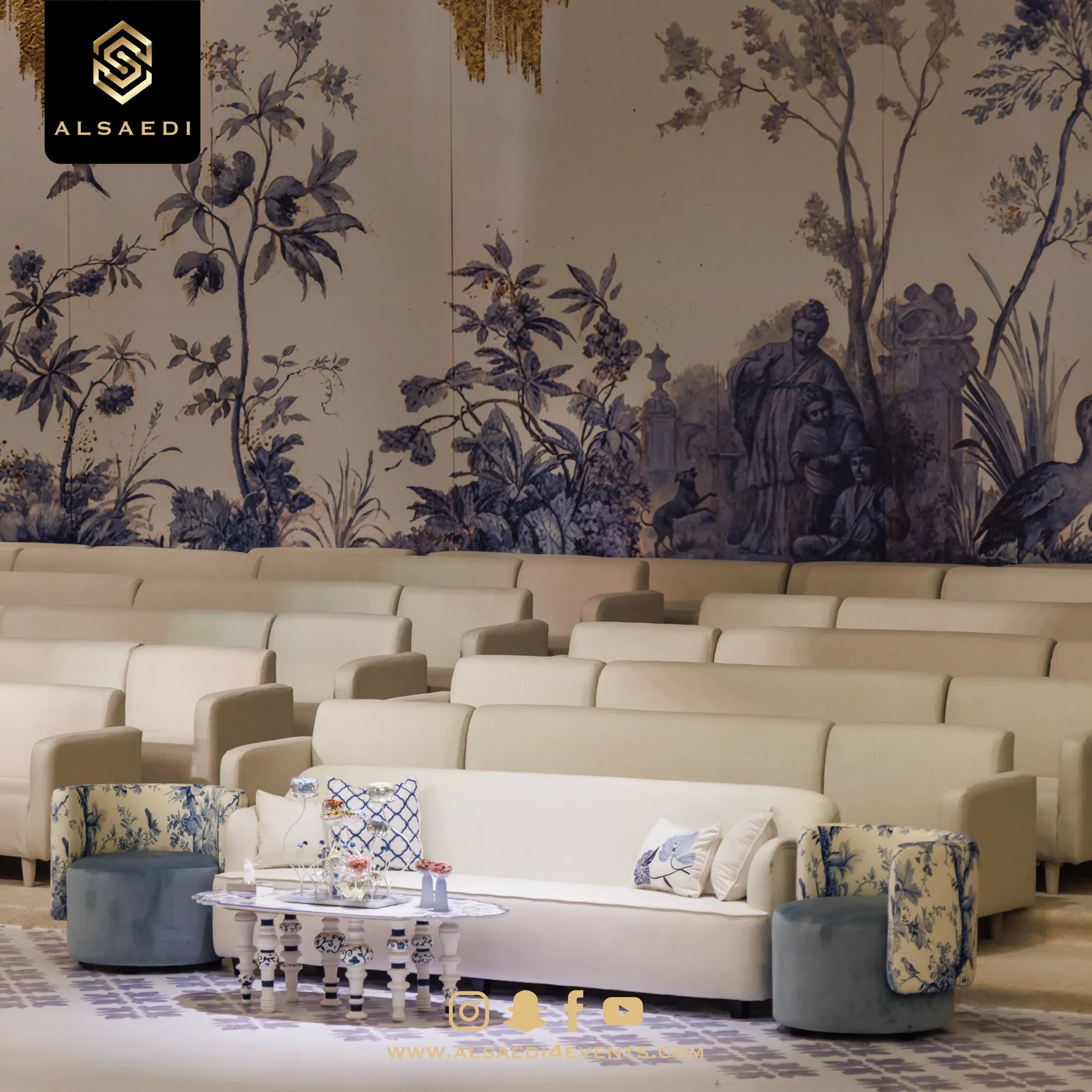 Close-up of ivory lounge seating with porcelain accents