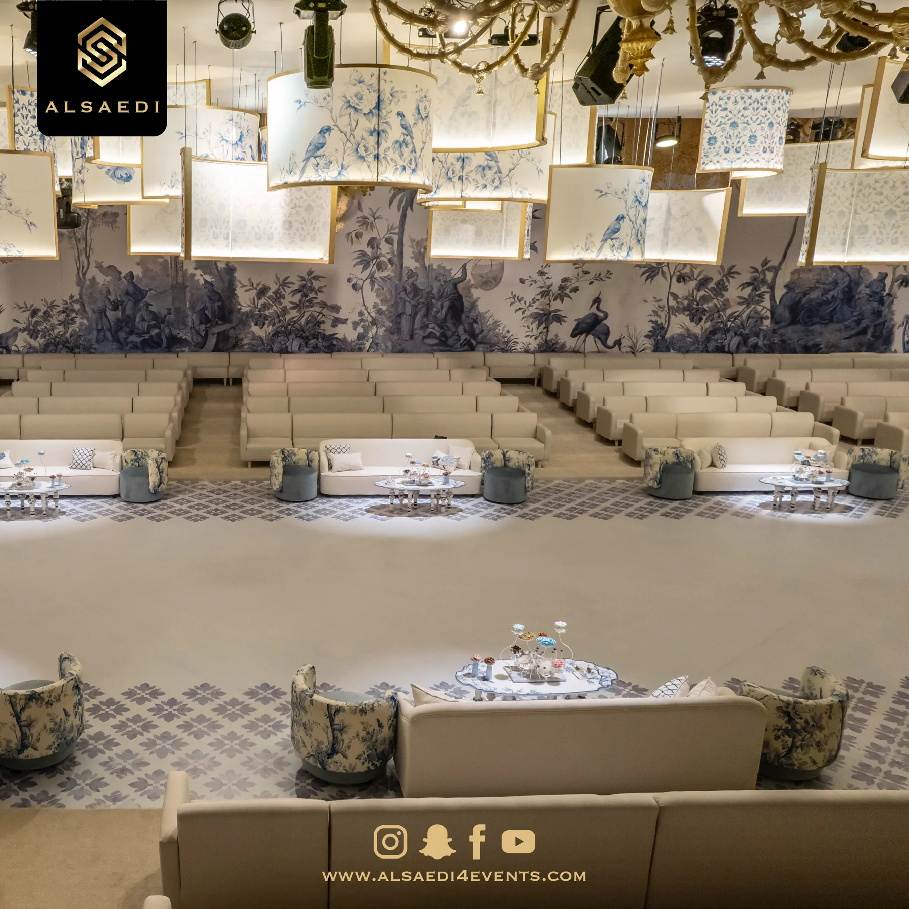 Porcelain lantern installation over guest lounges